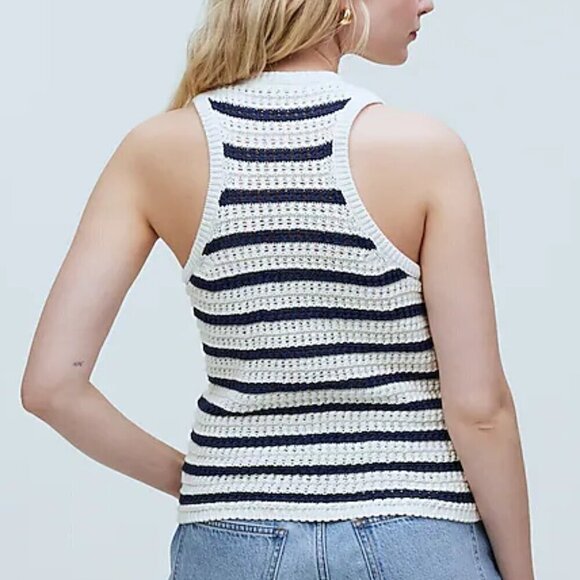 Madewell Crochet-Knit Cotton Crewneck Slim Fit Sweater Tank Stripes Size S NWT - Picture 2 of 9